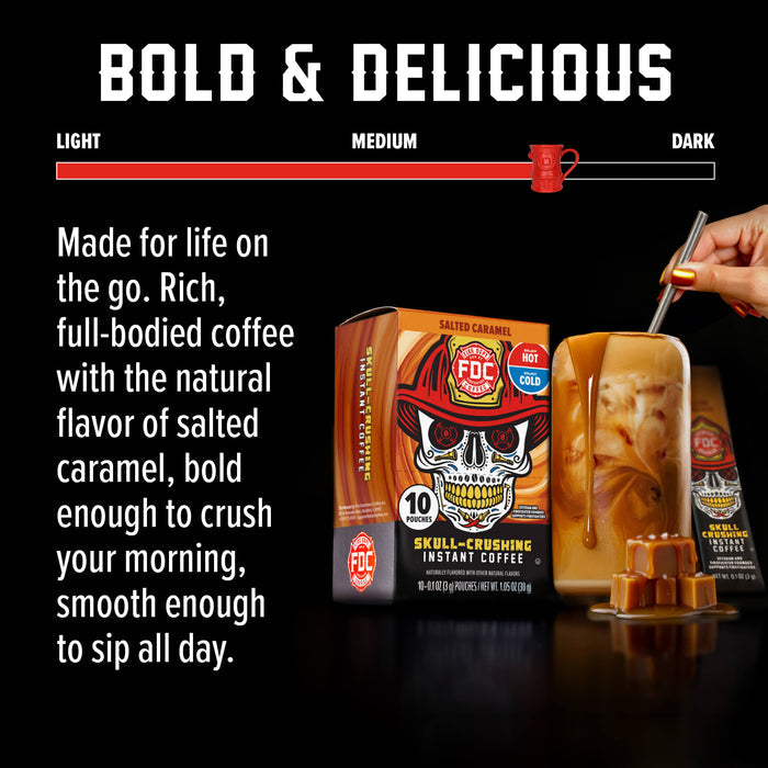 FCD Bold & Delicious Skull-Crushing Instant Coffee in a 10-count box, shown next to a glass of iced coffee and caramel cubes on a black background with marketing text and a light-to-dark flavor slider.