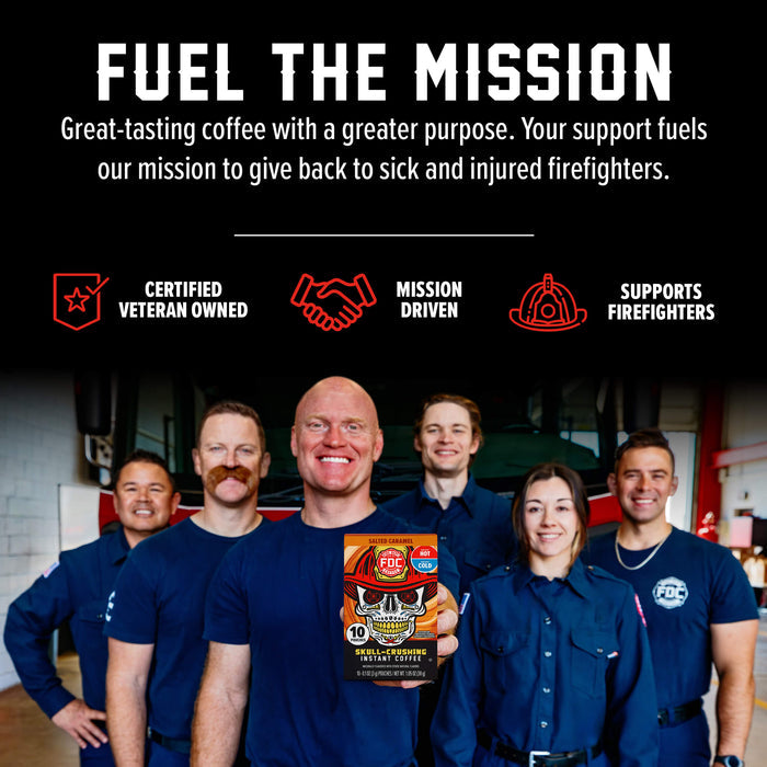 A group of firefighters in navy uniforms stand in a garage-like setting holding a coffee box labeled '10% VETERAN OWNED' and 'FUEL THE MISSION.' Large text at the top reads 'FUEL THE MISSION' with supporting copy about coffee and support for firefighters, plus icons for certified veteran owned, mission driven, and supports firefighters.