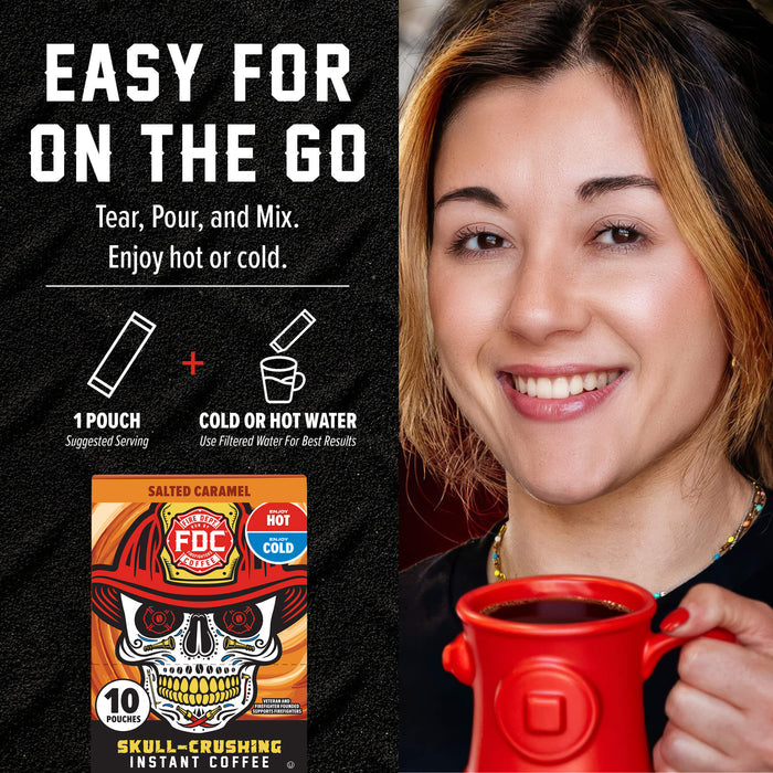 A promotional graphic for FOC Pouches Salted Caramel Instant Coffee. The left side features product instructions and packaging with a skull graphic, while the right side shows a smiling woman holding a red mug with coffee.