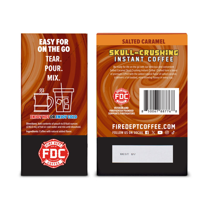 Front and back views of a Fired by Coffee Salted Caramel Skull-Crushing Instant Coffee package, showing orange and black design with product details, barcode, and FDC seal.