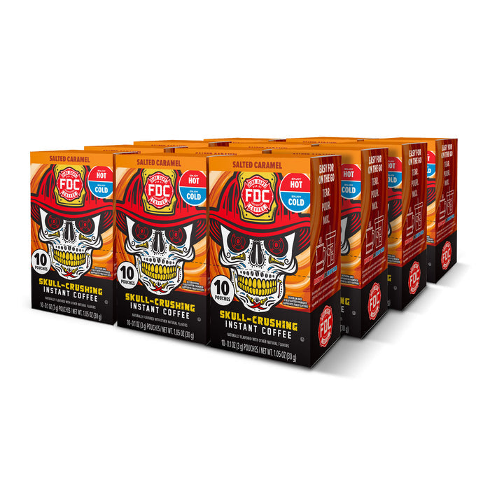 Multiple boxes of FDC Skull-Crushing Instant Coffee on a white background
