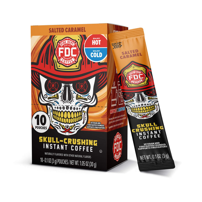 FDC Skull-Crushing Instant Coffee packaging with skull design on a white background