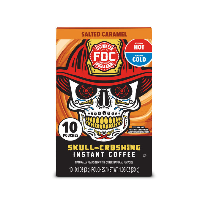 Box of FDC Fire Department Coffee with skull design on a white background