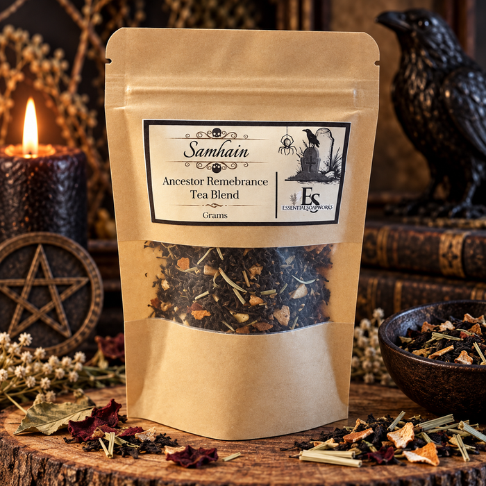 Samhain tea in a pouch on a dark wooden surface