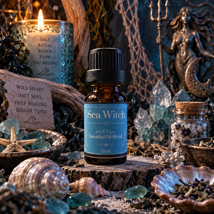 Sea Witch diffuser blend on a wooden surface surrounded by seashells with blue crystals, a mermaid statue and candles in the background