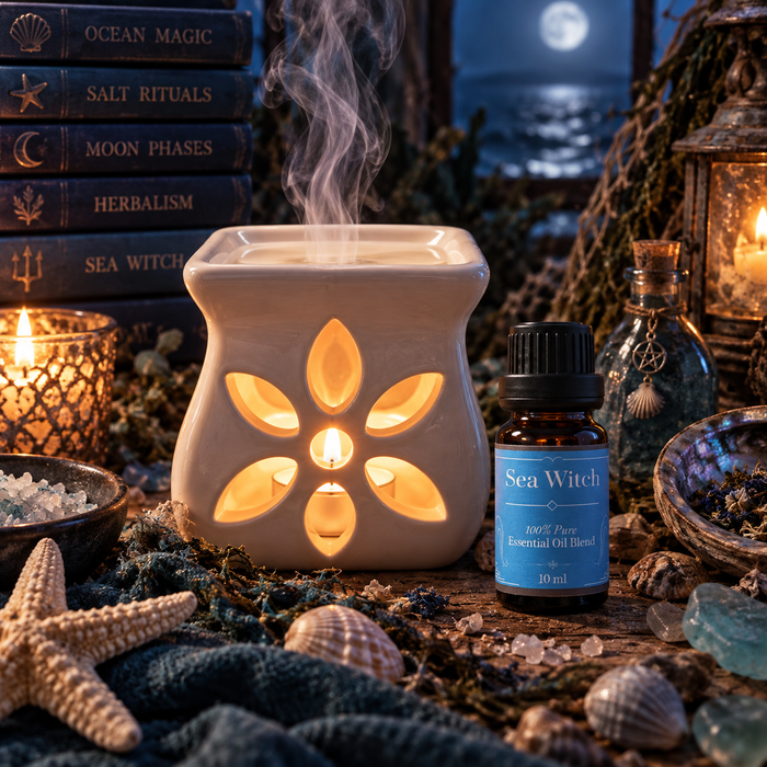 Sea Witch diffuser blend alongside an essential oil burner on a wooden surface surrounded by seashells with blue crystals a stack of books and candles in the background