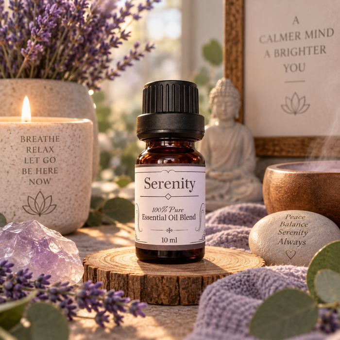 Serenity essential oil diffuser blend on a wooden surface alongside a candle, a buddha statue, an amethyst crystal and lavender