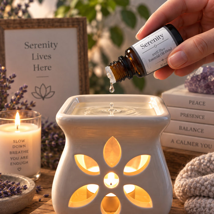 Serenity essential oil diffuser blend being poured into an essential oil burner