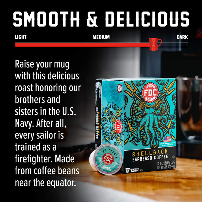 FOC Shellback Espresso Coffee box and single-serve pod on a wooden table with promotional text and a roast slider graphic at the top. The product packaging is turquoise with black and gold illustration, and the pod is silver with a turquoise label.