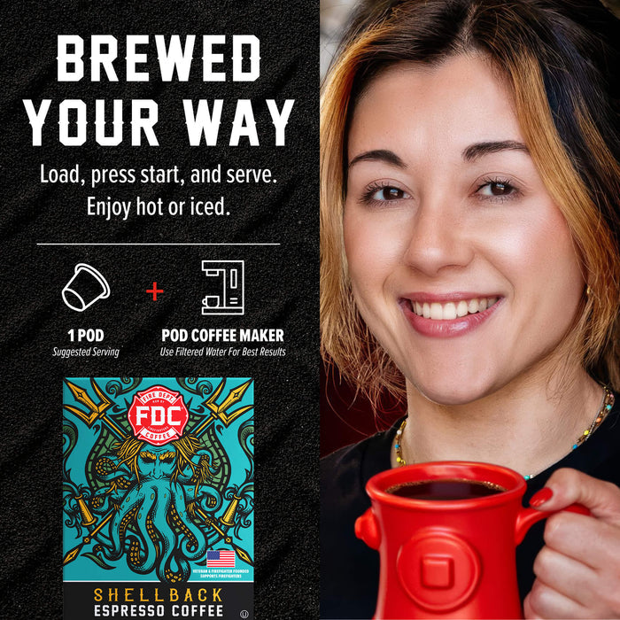 A promotional graphic for a coffee pod maker showing a smiling woman on the right holding a red mug, and product text plus a pod package illustration on the left. The text reads 'BREWED YOUR WAY' and 'Load, press start, and serve.