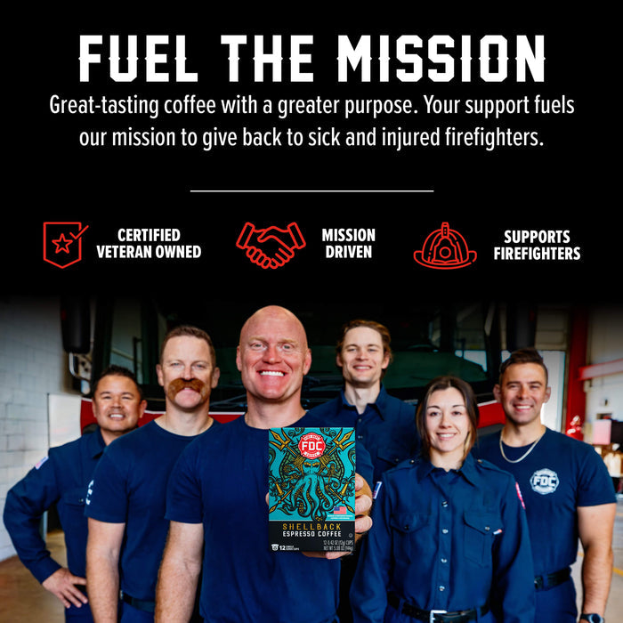 A group of smiling firefighters in navy uniforms hold a coffee bag in a garage-like setting. Above them, bold white text reads 'FUEL THE MISSION' with supporting copy and icons for 'Certified Veteran Owned,' 'Mission Driven,' and 'Supports Firefighters.