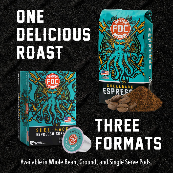 Promotional graphic for FDC Coffee Roasters Shellback Espresso Coffee showing the retail box, a single capsule pod, and coffee beans on a black textured background with large white text reading 'ONE DELICIOUS ROAST' and 'THREE FORMATS'.