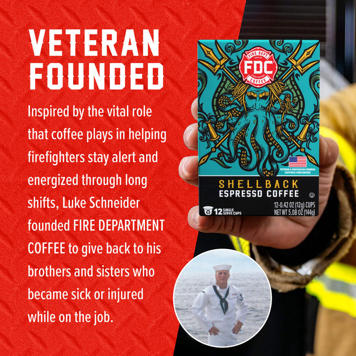 A hand holds a box of FDC Fire Department Coffee Shellback Espresso Coffee against a red promotional background with white text about veteran funding for firefighters. A small circular inset shows a man in a white sailor uniform standing at a harbor.