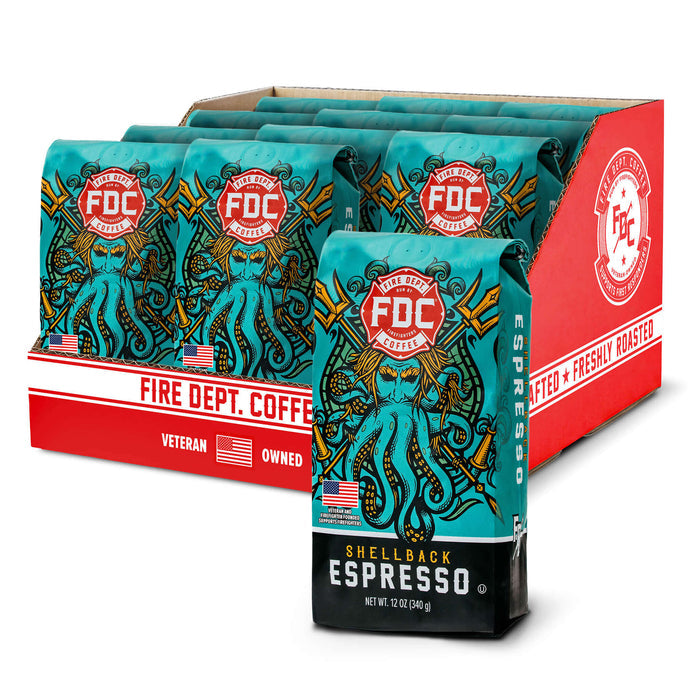 Packaging of Fire Dept. Coffee Shellback Espresso with a red and blue design.