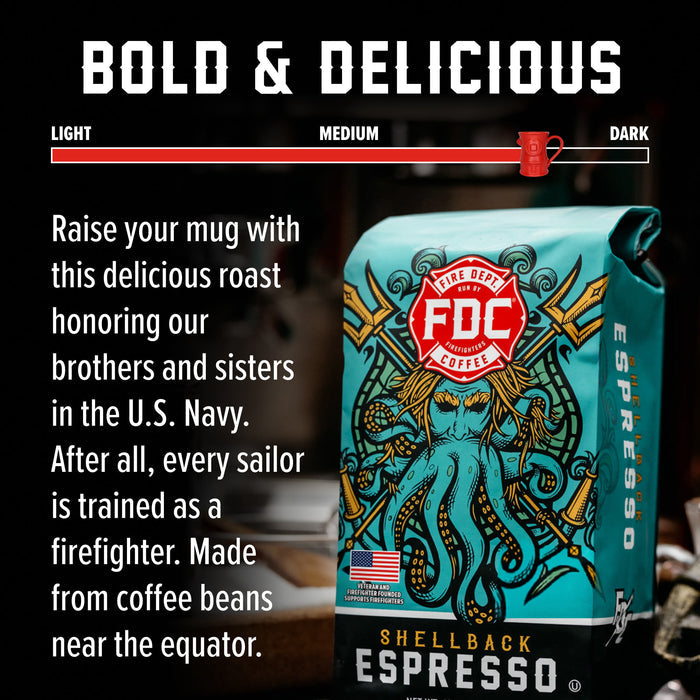 A bag of FDC Five Deeps Coffee Espresso coffee beans on a dark background with promotional text reading 'BOLD & DELICIOUS' and descriptive copy about the bold roast.