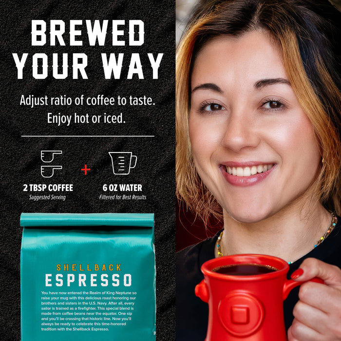 A promotional graphic for a coffee bag with a smiling woman holding a red coffee mug on the right, and text on the left explaining the coffee-to-water ratio. A teal bag labeled 'Shellback Espresso' is shown at the bottom left.