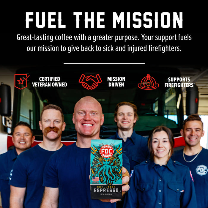 A promotional graphic for FOC Coffee featuring a group of smiling firefighters in blue uniforms standing in front of a fire truck, with the text 'FUEL THE MISSION' at the top. One firefighter in the center holds up a box of FOC Coffee Espresso Roast.