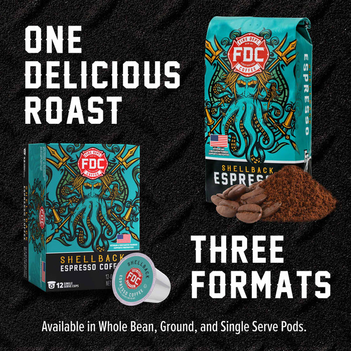 FOC Coffee Shellback Espresso coffee packaging shown in three formats: a whole bean box, a ground coffee bag with coffee beans and powder, and a single-serve pod. The packaging features a teal and orange octopus design on a black background, with bold white text reading 'ONE DELICIOUS ROAST' and 'THREE FORMATS'.