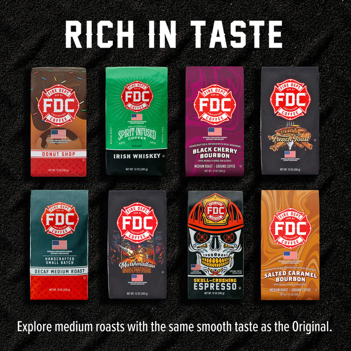 Eight bags of FDC Coffee Roasters in various flavors and roasts are arranged in a 2x4 grid on a black textured background with the text 'RICH IN TASTE' at the top and 'Explore medium roasts with the same smooth taste as the Original.' at the bottom.