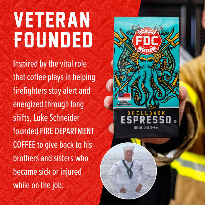 A hand holds a package of FDC Fire Department Shellback Espresso coffee against a red and white promotional graphic with text about a veteran-founded coffee brand and a small circular photo of a firefighter.
