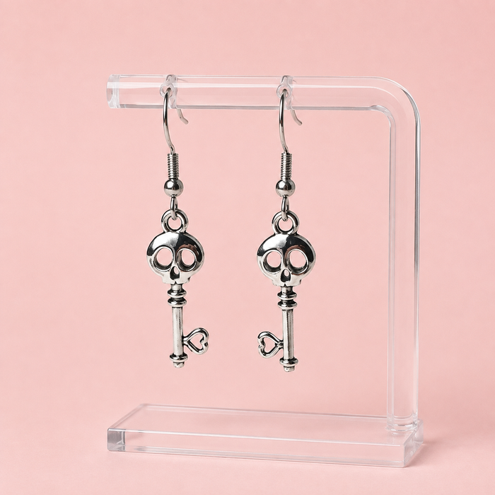 Silver Skull Key Dangle Earrings – Gothic Dark Romance Bookish Jewelry