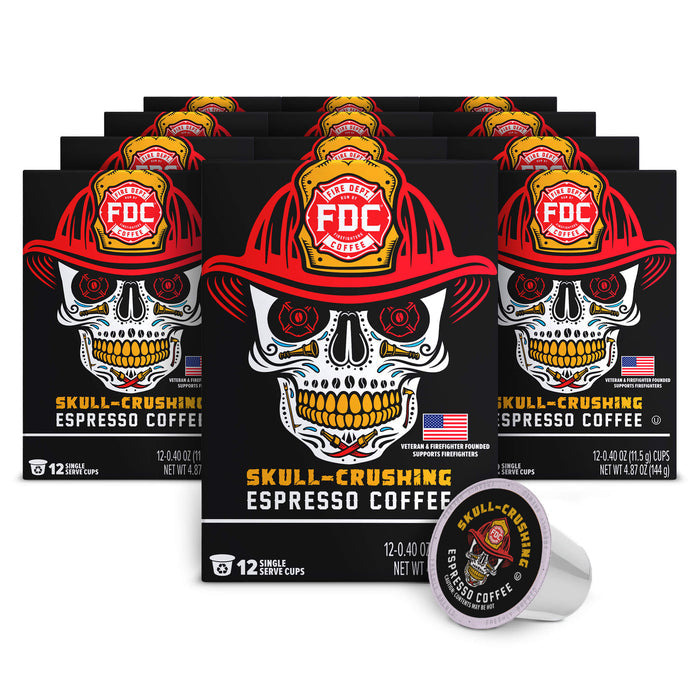 Packages of 'Skull-Crushing Espresso Coffee' with a fire helmet design on a white background.