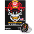 FDC Skull-Crushing Espresso Coffee packaging box with a large skull wearing a firefighter helmet graphic, shown alongside a single coffee pod on a white background.