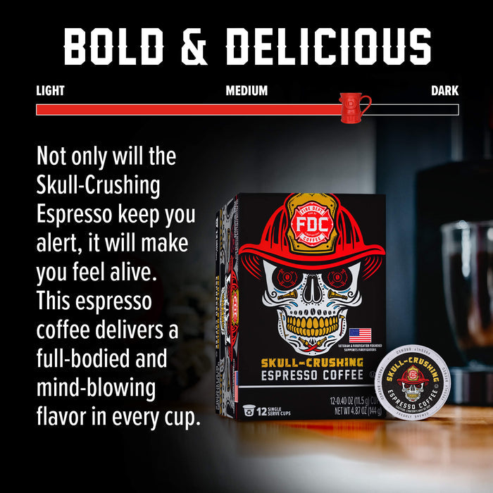 A promotional graphic for FDC Skull-Crushing Espresso Coffee, showing the retail box and a single coffee capsule on a dark bar counter with a blurred glass in the background. The image includes marketing text and a red-to-black gradient labeled 'BOLD & DELICIOUS' with 'LIGHT', 'MEDIUM', and 'DARK' options.