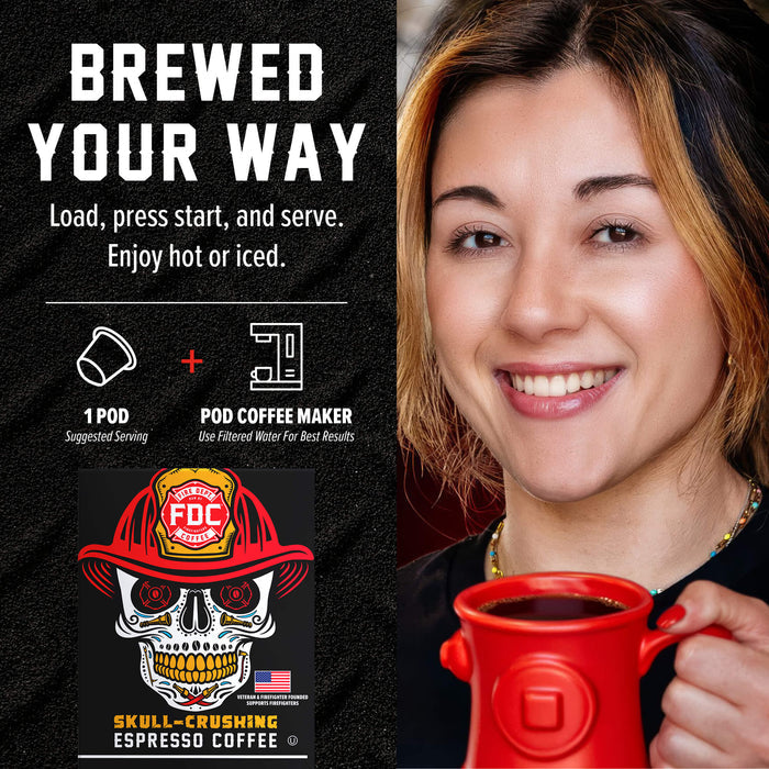 A promotional graphic for a coffee pod maker showing a smiling woman on the right holding a red coffee mug, and product text on the left. The text reads 'BREWED YOUR WAY' and includes a skull illustration wearing a firefighter helmet with the brand FOC visible on the pod packaging graphic.