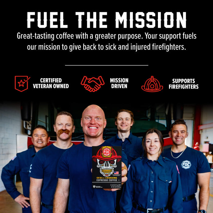 A group of smiling firefighters in navy uniforms stand in a garage-like setting, with one person holding a coffee package. Large text at the top reads 'FUEL THE MISSION' with supporting copy about coffee and mission support.