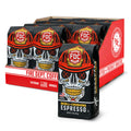 Fire Dept. Coffee packaging with skull design and red and black color scheme.