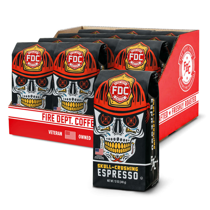 Fire Dept. Coffee packaging with skull design and red and black color scheme.