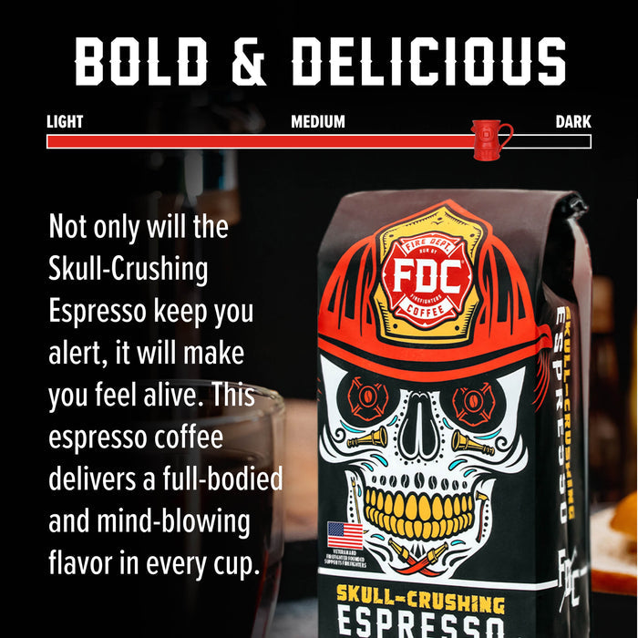 A bag of FDC Skull-Crushing Espresso coffee on a dark background with promotional text. The bag is black with a large skull graphic wearing a red hard hat and yellow teeth.