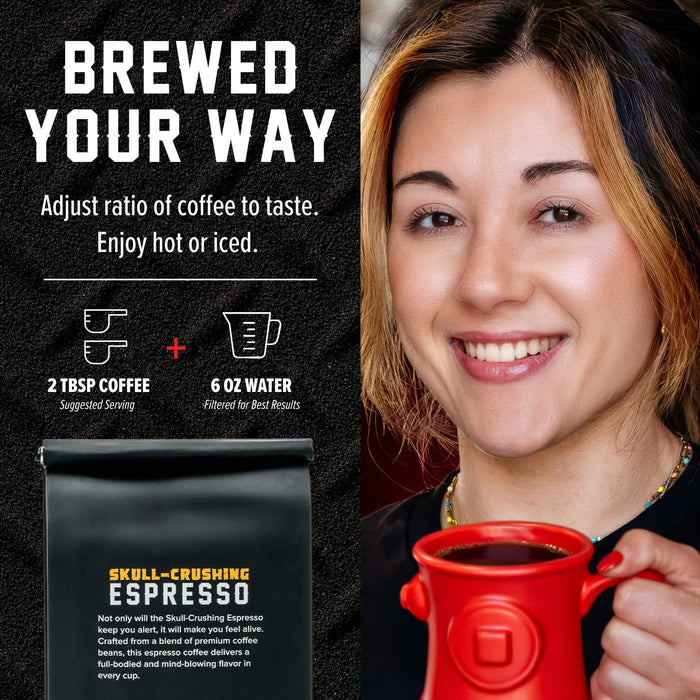 Promotional graphic for a coffee bag with the text 'BREWED YOUR WAY' and 'Adjust ratio of coffee to taste. Enjoy hot or iced.
