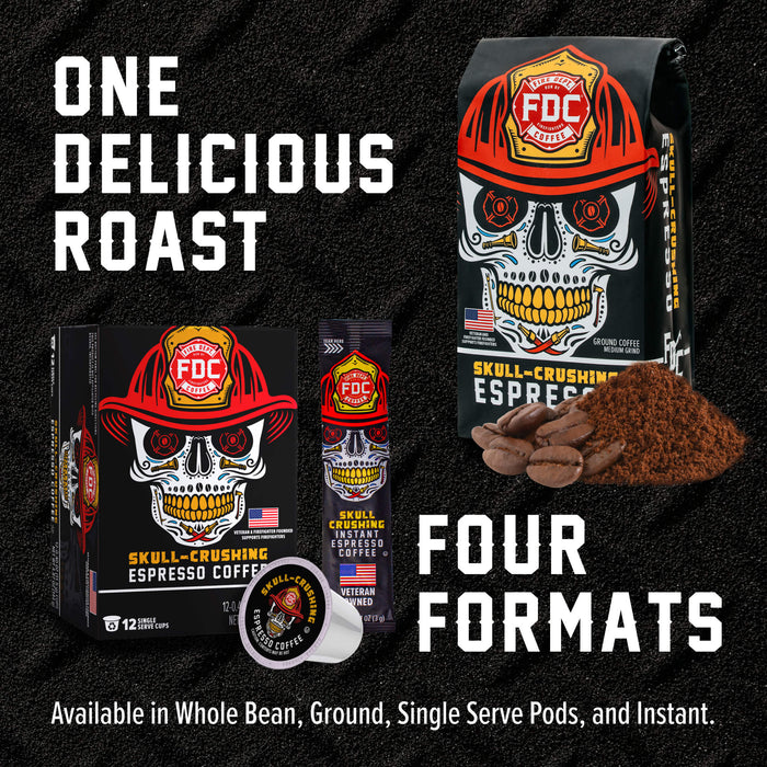 Promotional product graphic for FDC Fire Department branded coffee, showing a whole bean bag, a box, a single-serve pod package, and loose coffee beans and ground coffee on a black textured background. Large text reads 'ONE DELICIOUS ROAST' and 'FOUR FORMATS,' with smaller text noting whole bean, ground, single serve pods, and instant formats.