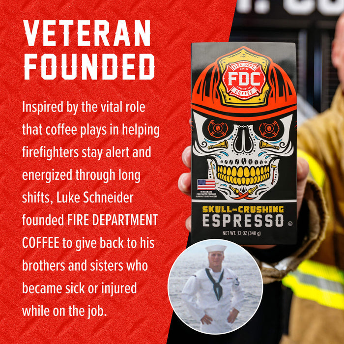 A person holds a box of FIRE DEPARTMENT ESPRESSO coffee against a red graphic background with white text reading 'VETERAN FOUNDED' and a small circular inset photo of the founder in firefighting gear. The box features a skull wearing a red firefighter helmet with a badge.