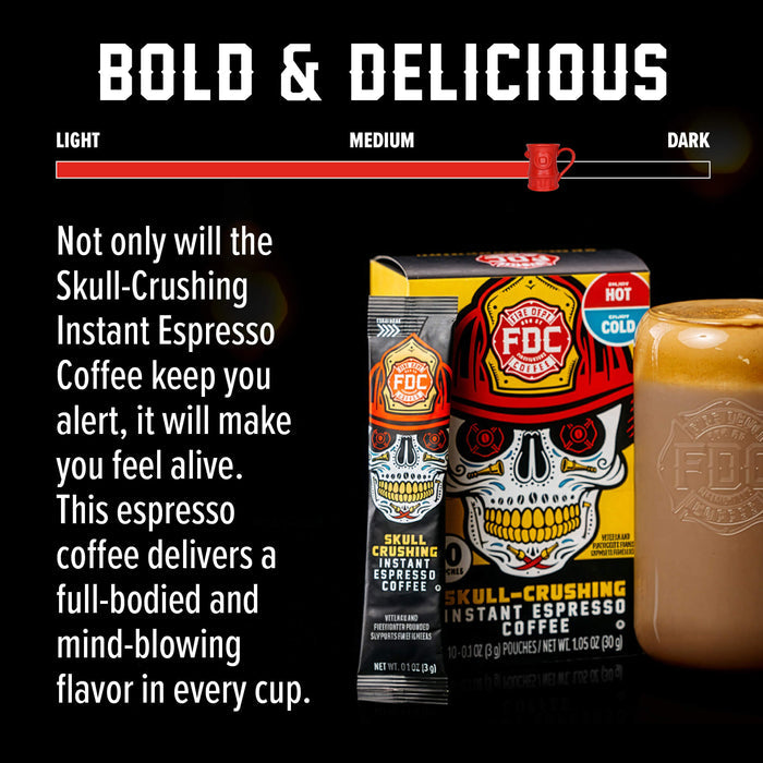 Promotional graphic for FDC Skull-Crushing Instant Espresso Coffee on a black background, showing the coffee packaging, a single sachet, and a cup of espresso with text describing the bold and delicious flavor.