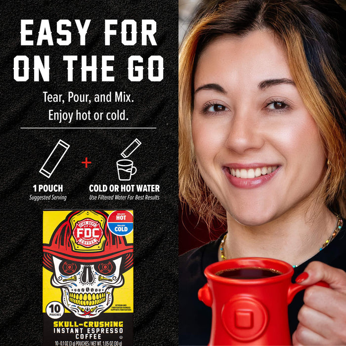 A promotional graphic for FDC Skull-Crushing Instant Espresso Coffee. The left side features a black background with white text reading 'EASY FOR ON THE GO' and product usage icons, alongside the yellow and red FDC coffee pouch packaging.