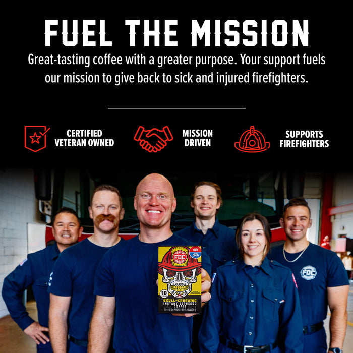 A promotional graphic for a coffee product featuring a group of firefighters in a garage holding a box of 'Firefighter's Fuel' coffee. The top half has a black background with white and red text reading 'FUEL THE MISSION' and supporting claims like 'Certified Veteran Owned' and 'Mission Driven'.