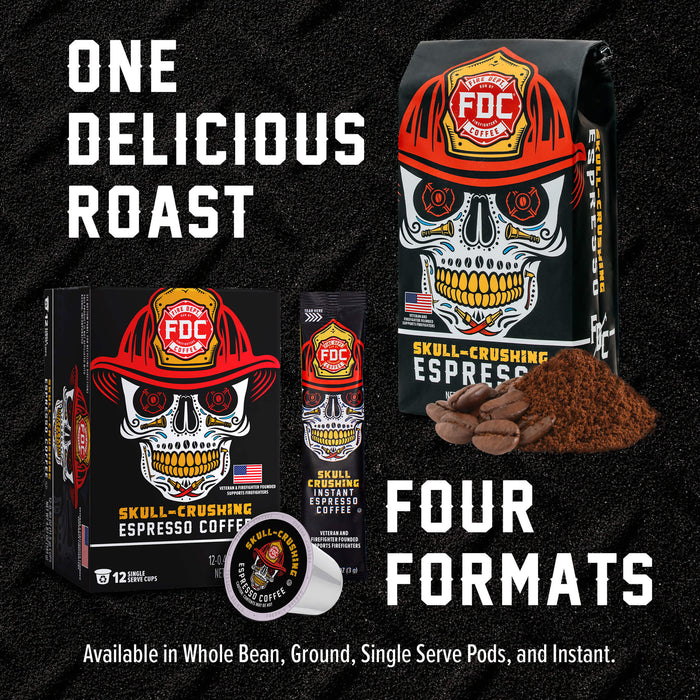 Promotional graphic for FDC Skull-Crushing Espresso Coffee showing the branded coffee bag, single-serve pod, and coffee box on a dark textured background, with text reading 'ONE DELICIOUS ROAST' and 'FOUR FORMATS'.