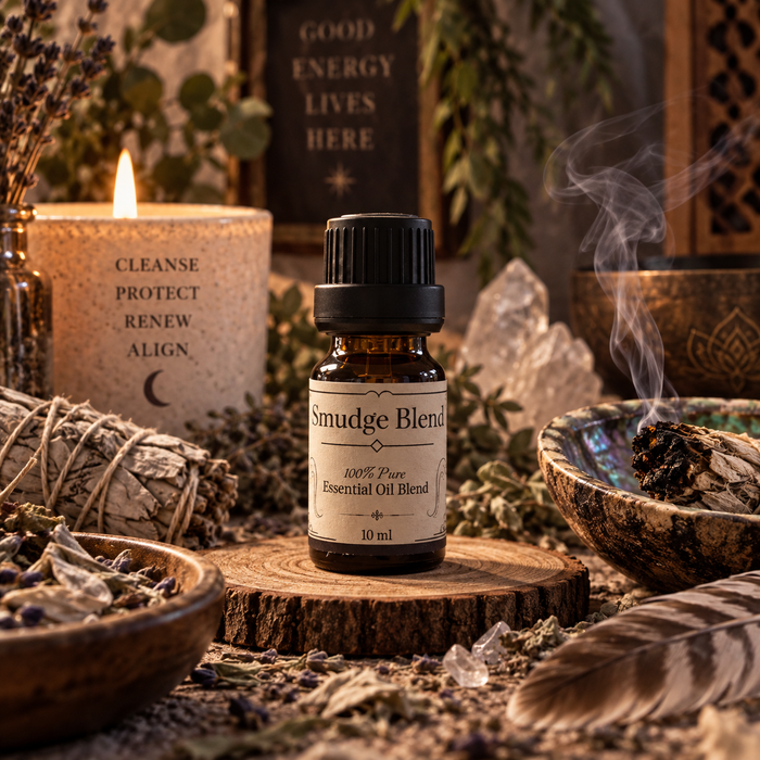 Smudge Blend essential oil diffuser blend on a wooden surface with a feather and white sage smudge sticks with a candle in the background