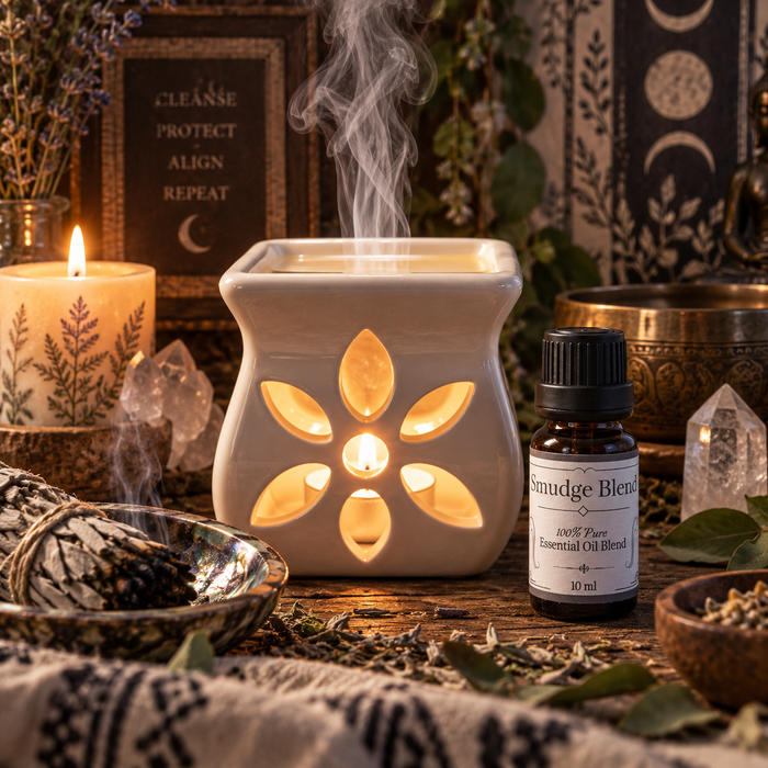 Smudge Blend essential oil diffuser blend alongside an essential oil buner on a wooden surface with a feather and white sage smudge sticks with a candle in the background