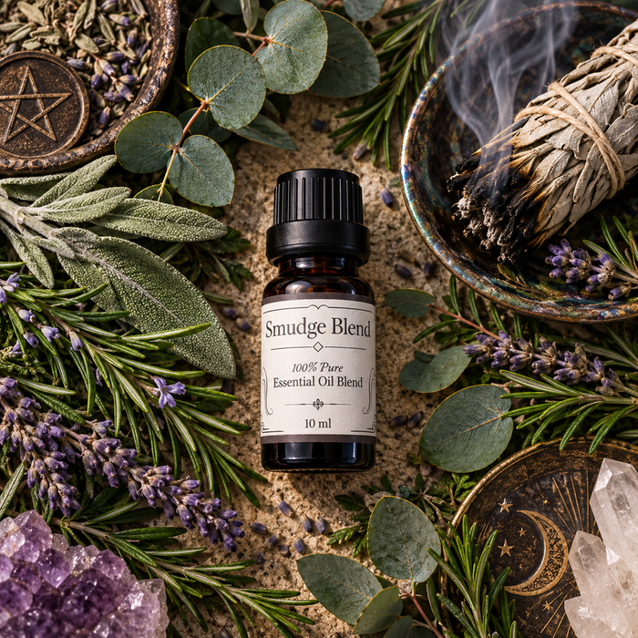Smudge Blend essential oil diffuser blend on a brown surface surrounded by eucalyptus leaves, sage leaves and lavender with a white sage smudge stick and clear quartz crystals