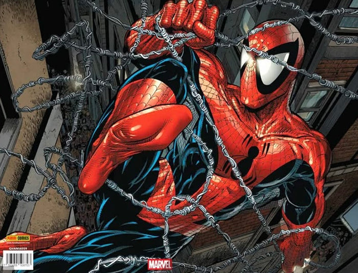 Spider-Man character in a red and blue suit climbing through a web