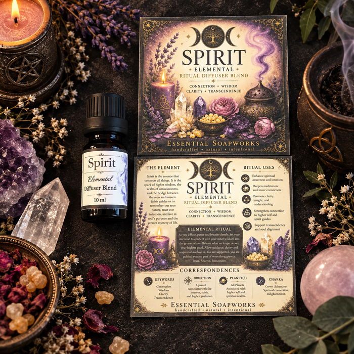 A styled flat-lay of a Spirit Elemental Ritual Diffuser Blend showing the front and back of a ritual card, surrounded by crystals, dried flowers, and candles on a dark textured surface.
