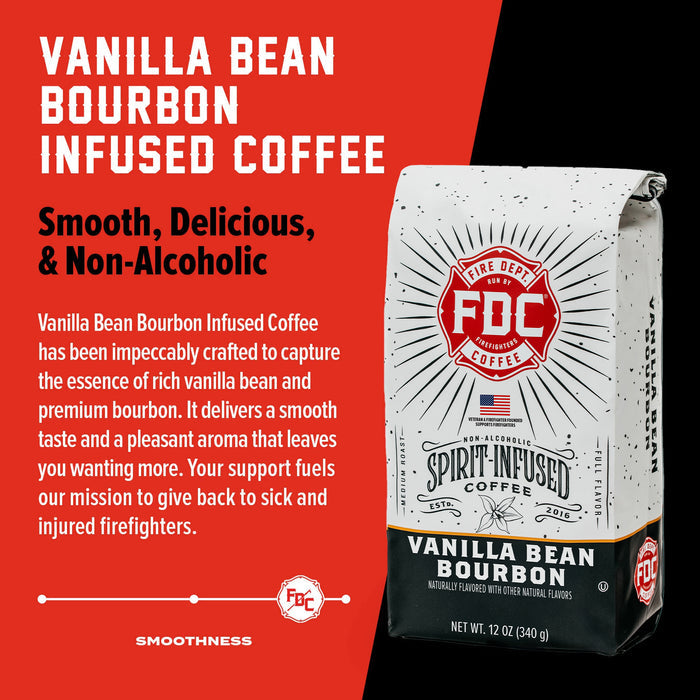 FDC Vanilla Bean Bourbon Infused Coffee package with text on a red and black background.