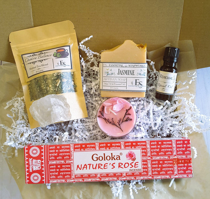 Spiritual Self-Care Mystery Kit including tea, soap, and incense in a box