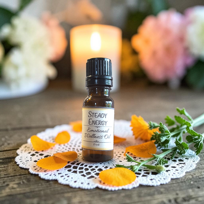 Steady Energy Emotional Wellness Oil on a doily on a wooden surface with orange flowers with a candle and flowers in the background