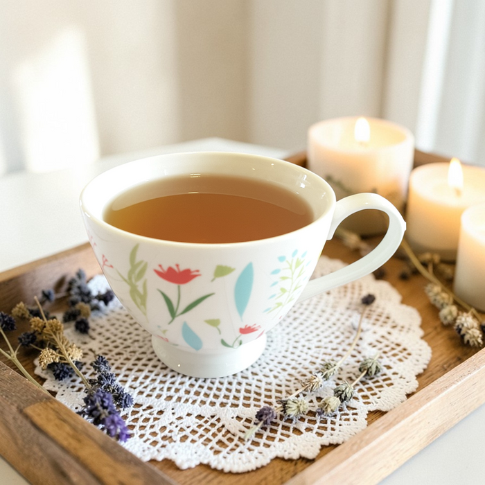 Steady Energy Emotional Wellness Tea on a wooden tray with candles and dried flowers.