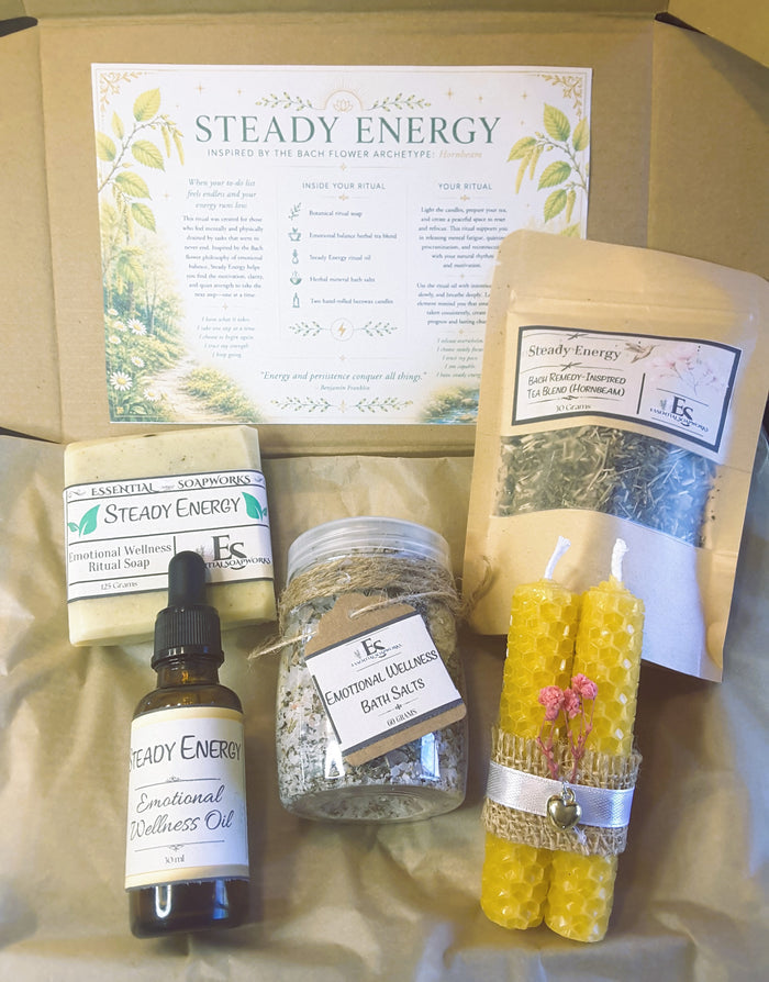 Steady Energy Emotional Balance Ritual Kit with soap, tea, essential oil blend, bath salts and candles